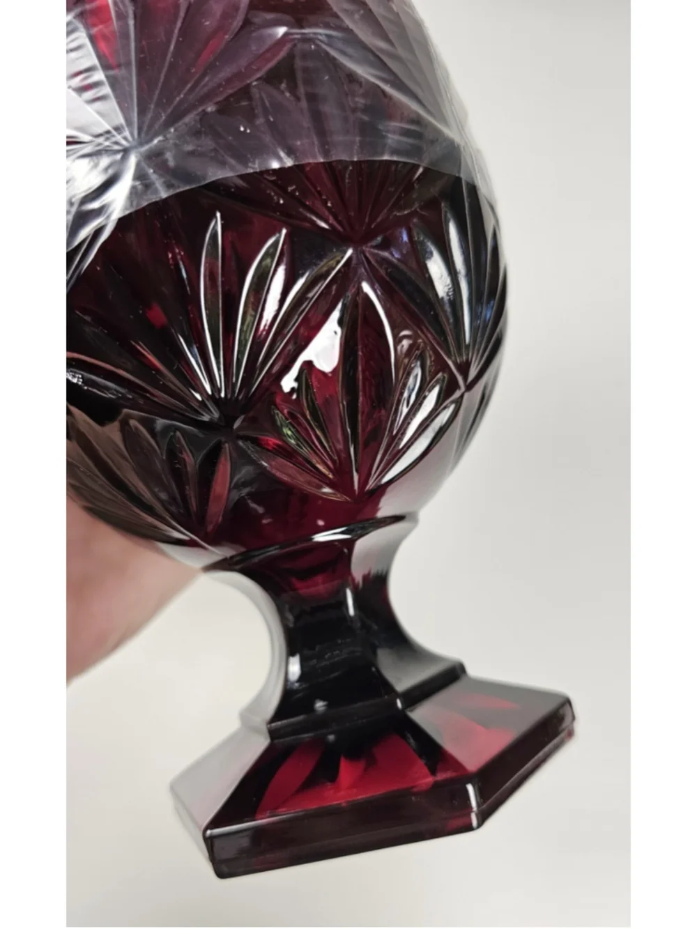 Vintage Luminarc France Ruby Red Glass Egg Candy Dish Lidded Pedestal Starburst